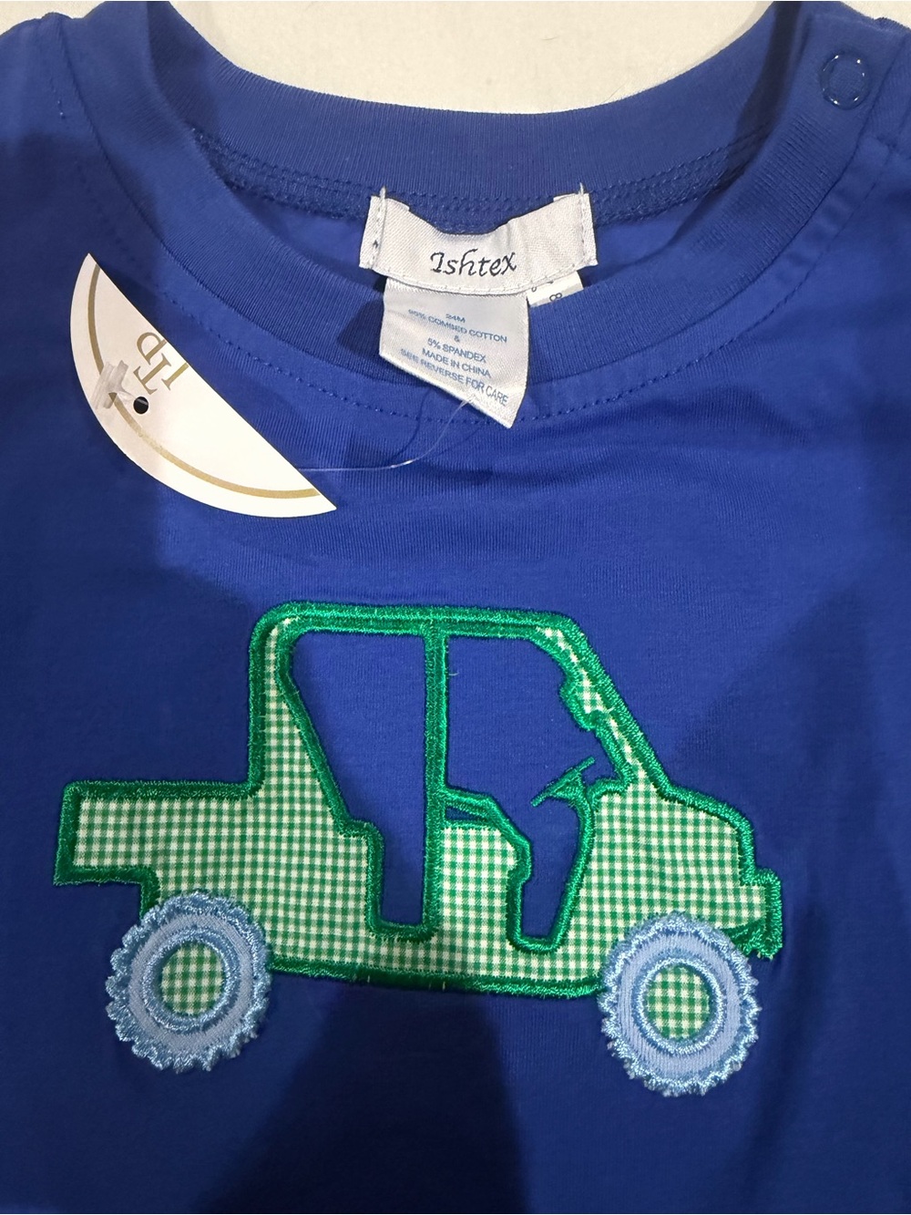 Ishtex Blue Short-Sleeve Tee with Green Car Appliqué